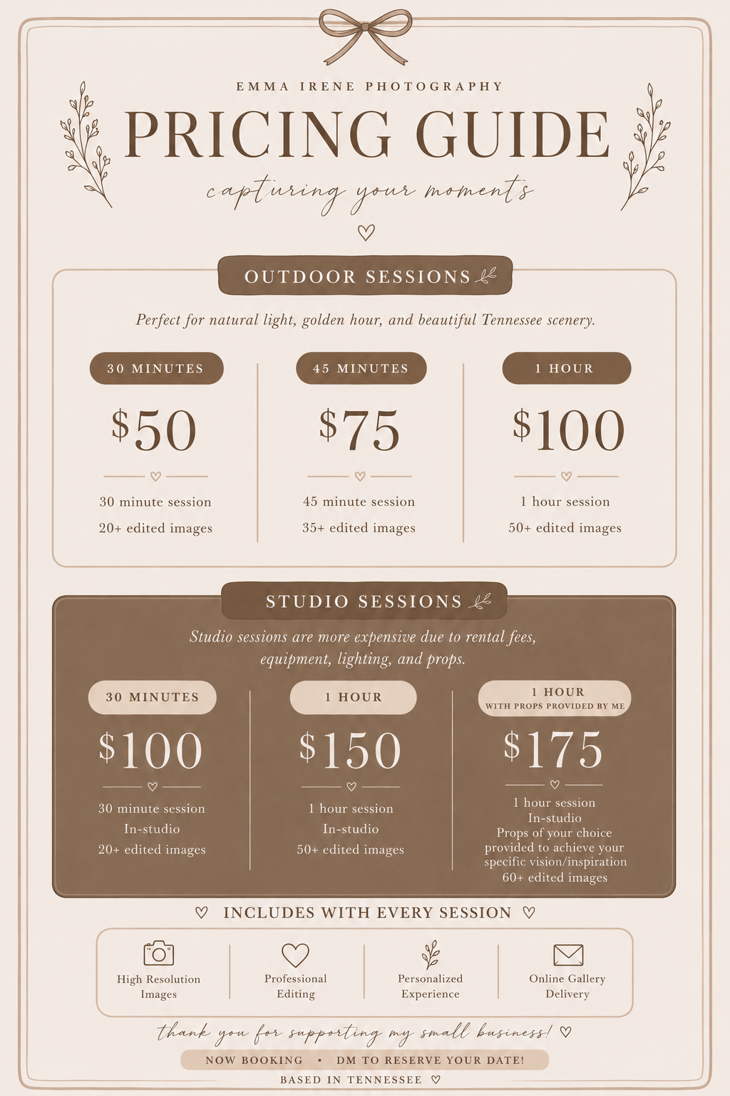 Emma Irene Photography Pricing Guide